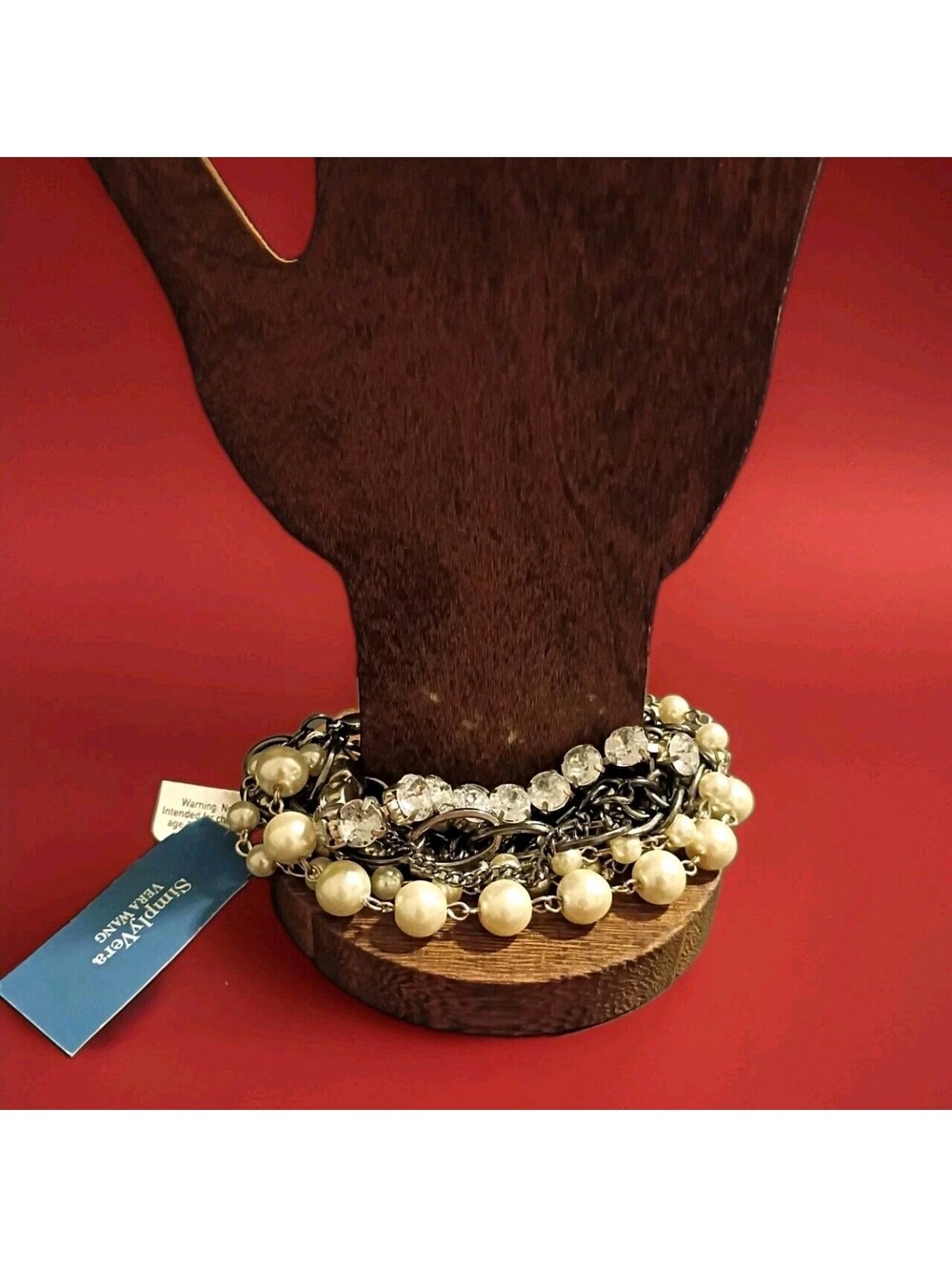 Vera Wang Bracelet White Faux Pearls Gun Metal Rhinestone 13 Strand